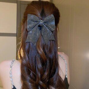 Black Gunmetal Rhinestone Glitter Bow Barrette Hair Clip Accessory‎